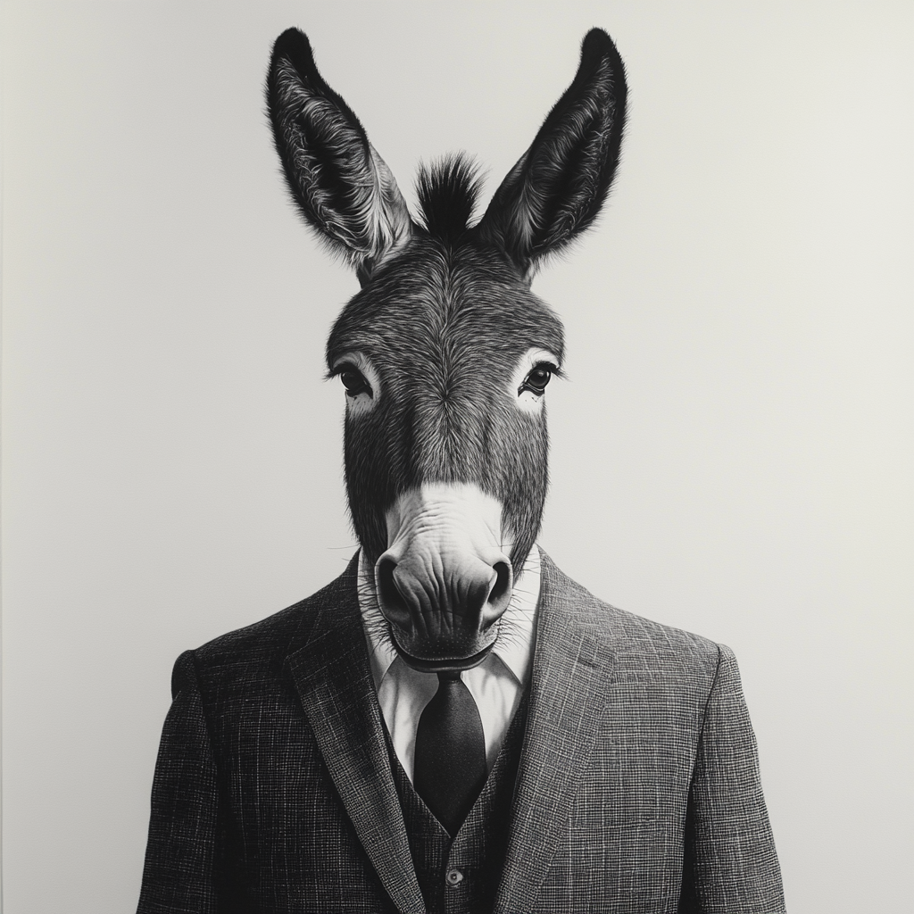 Donkey in suit, black and grey photo