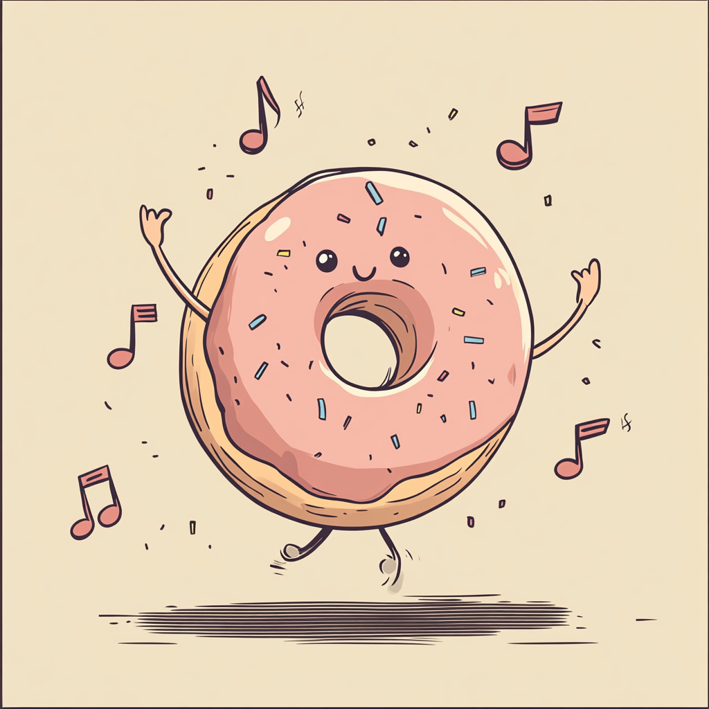 Donut character dancing with music notes in vintage style.