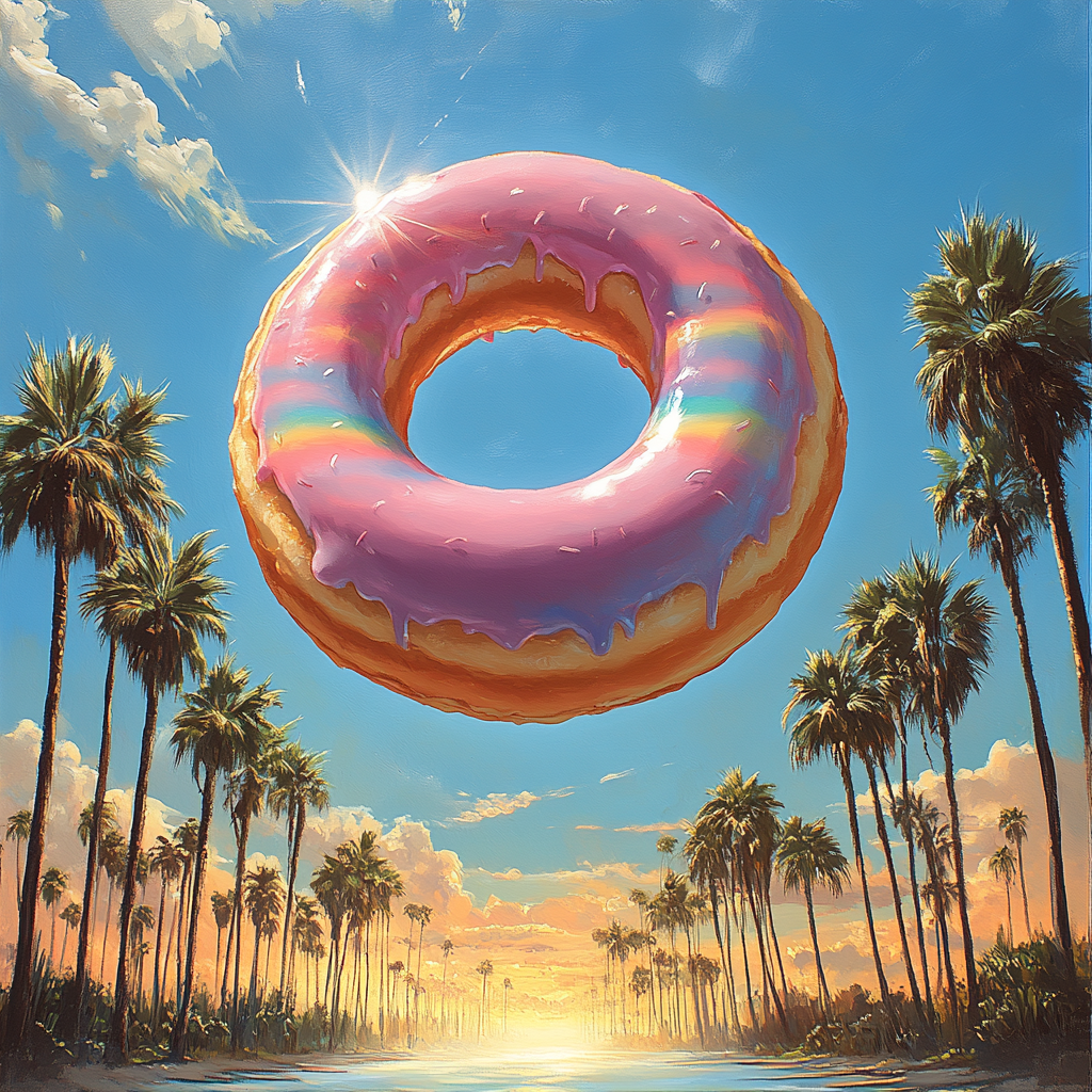 Donut with Rainbow Icing Floating Above Palm Trees