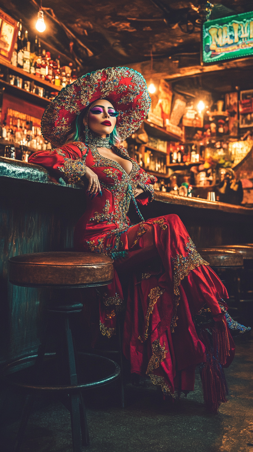 Drag queen mariachi celebrating Mexico independence in bar