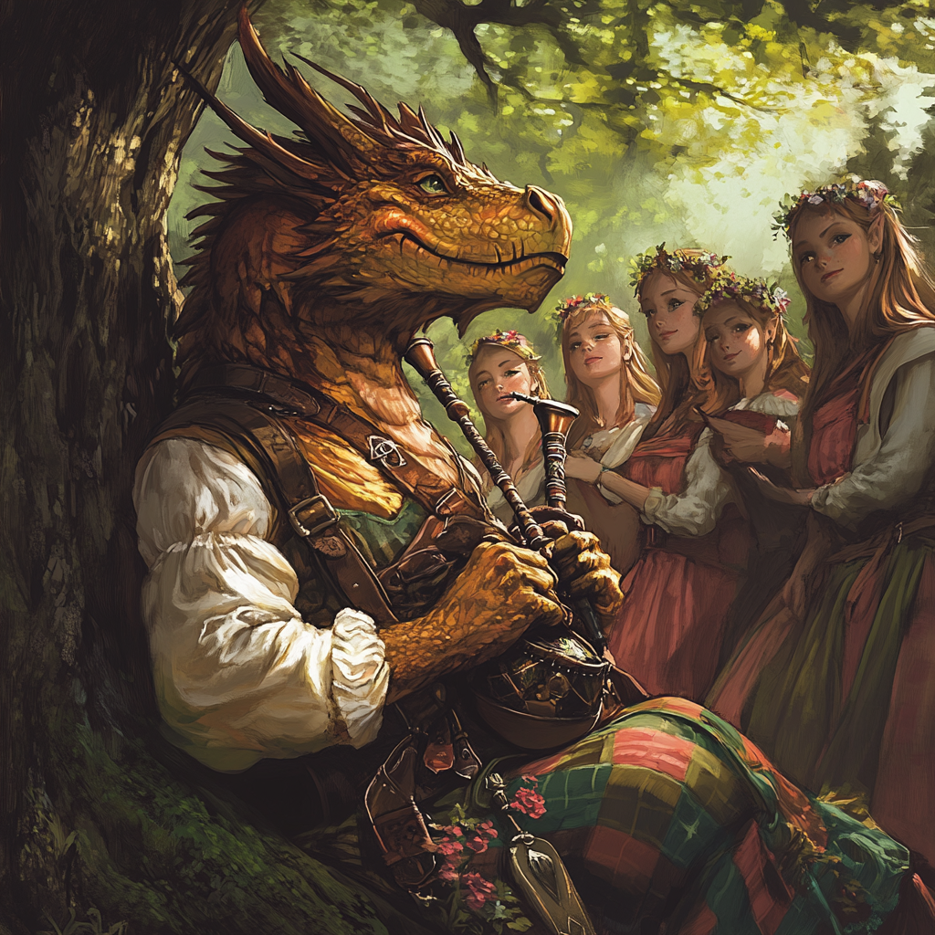 Dragon Bard playing bagpipes for admiring maidens