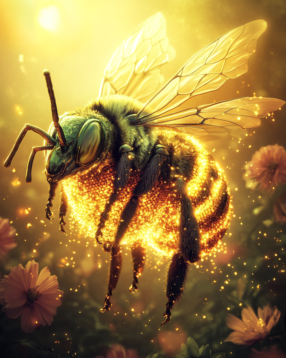 Dragon Bee with glowing pollen, divine energy shimmering.