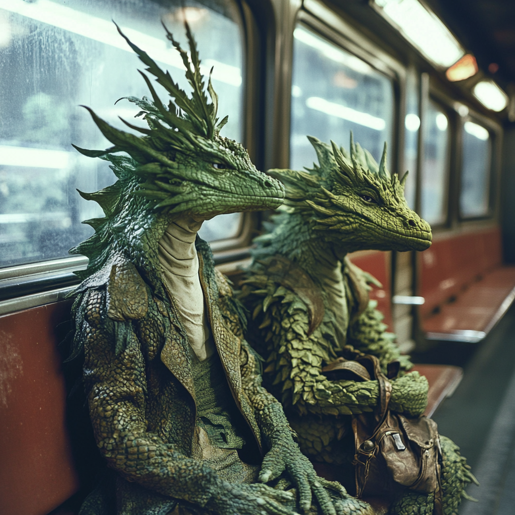 Dragon couple hybrid with marijuana nug scales underground station.