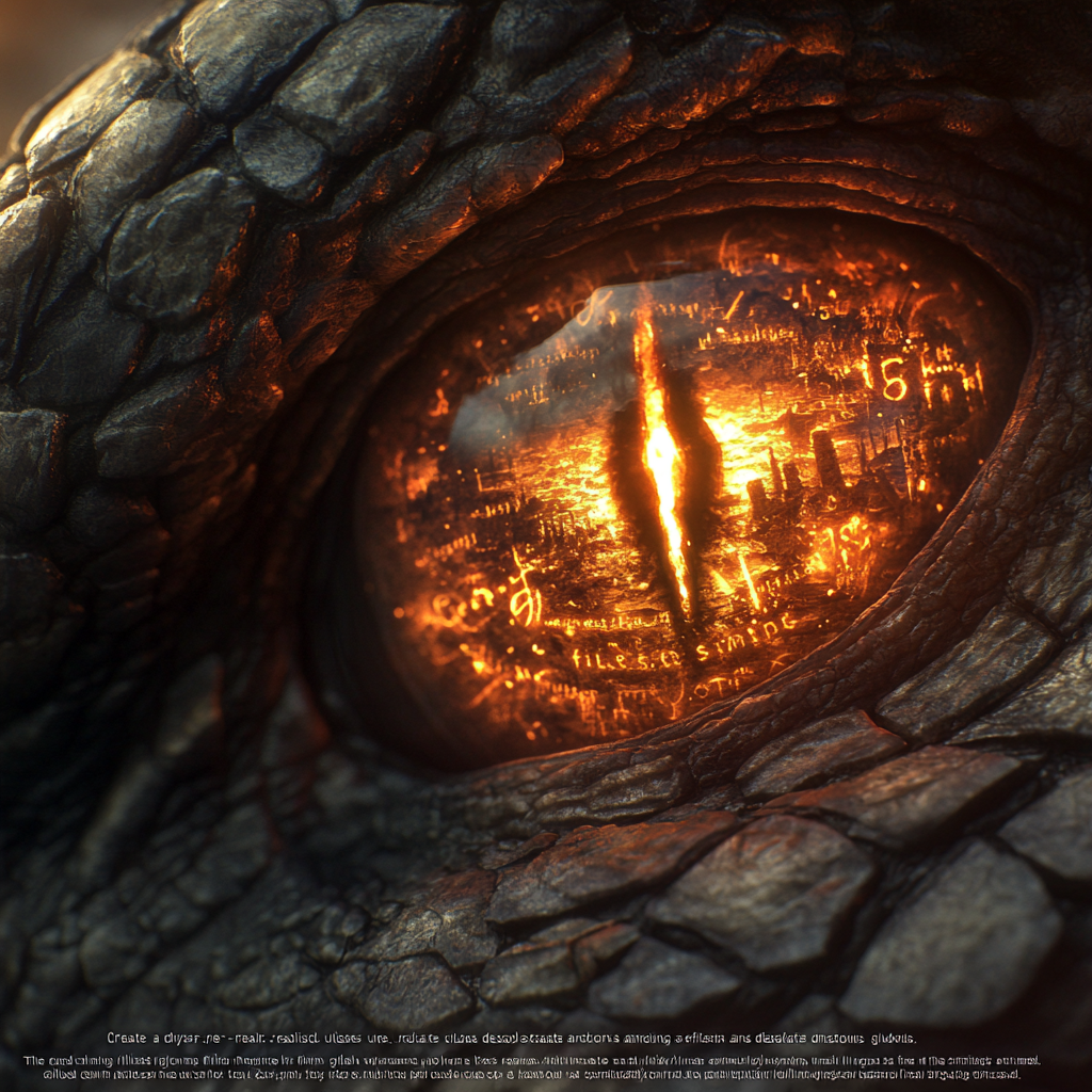 Dragon eye in ruins reflecting glowing symbols and fire.