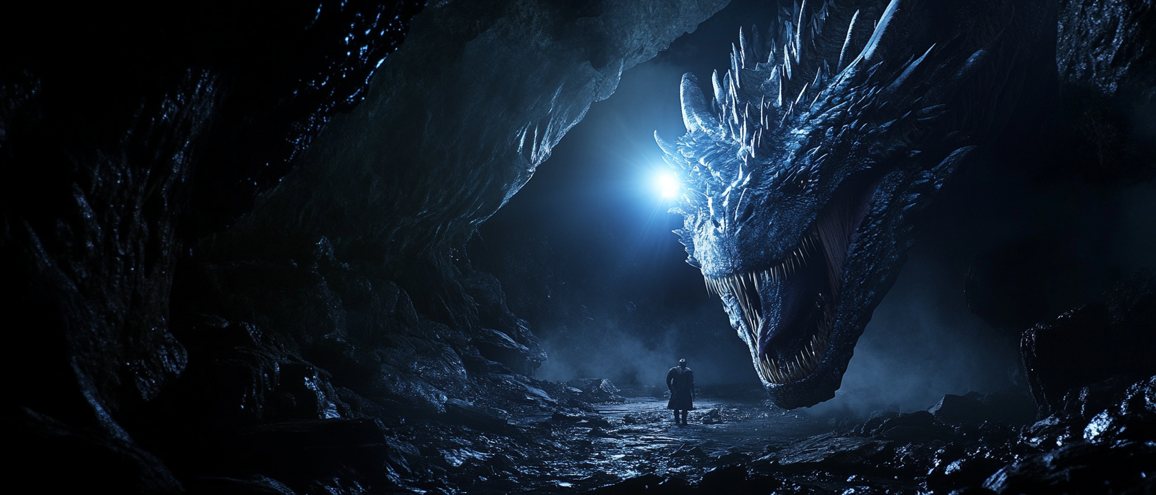 Dragon in cave with blue crystal and spotlight.