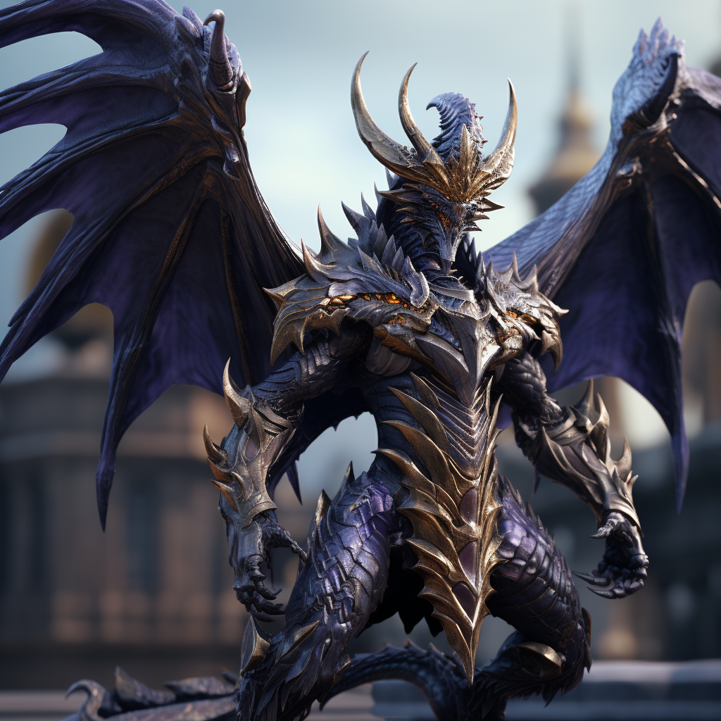 Dragon-like humanoid creature with muscular build and elaborate wings.