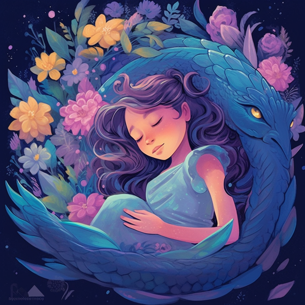 Dragon protecting girl sleeping in flower bed