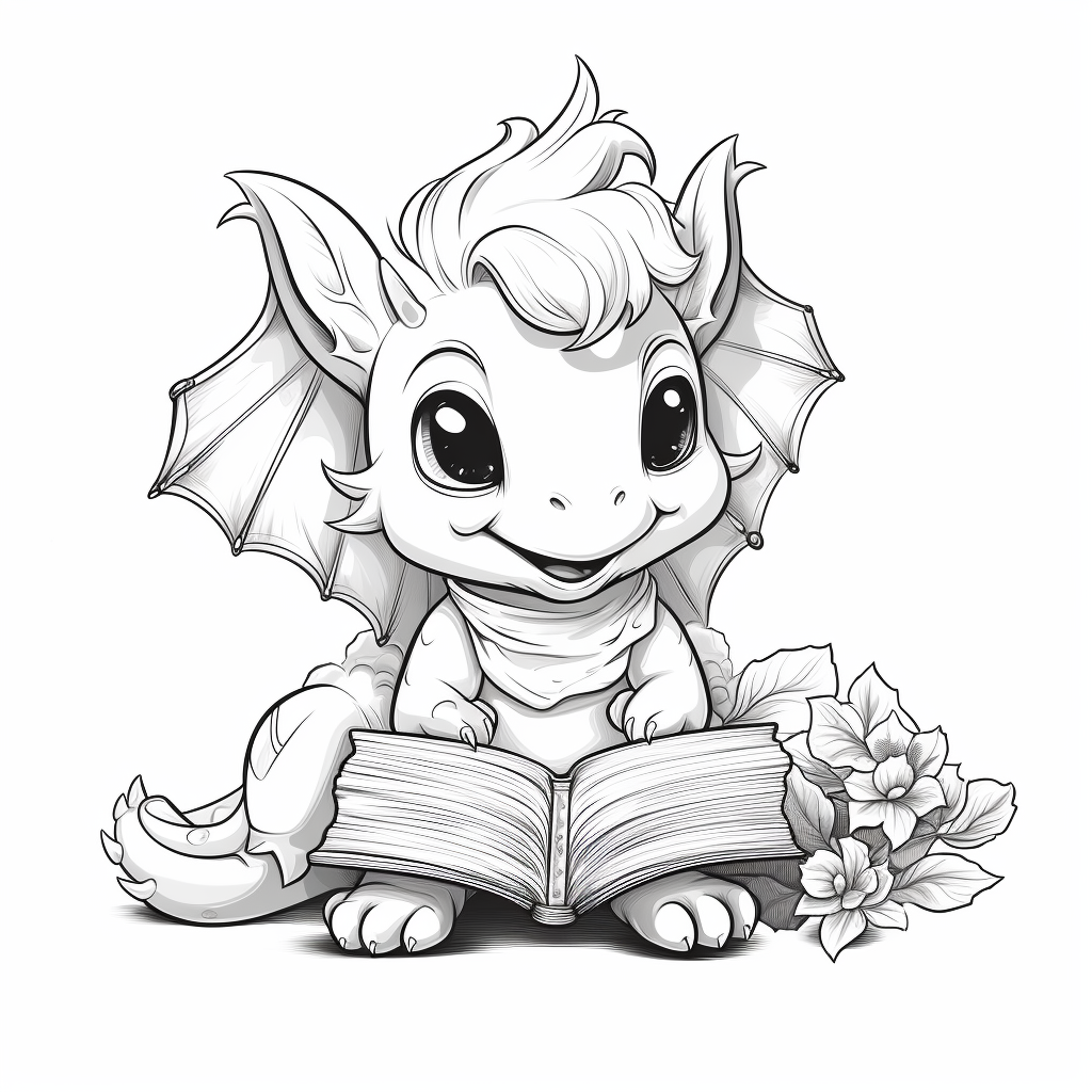 Dragon reading book in cute coloring style.