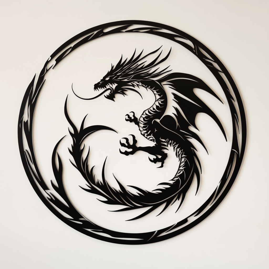 Dragon themed metal wall art with intricate details.