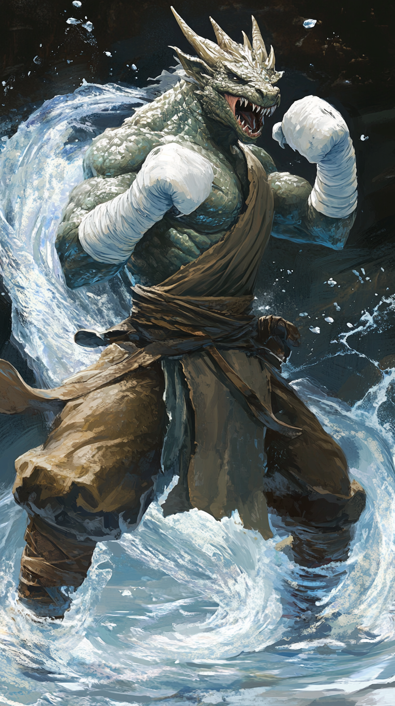 Dragonborn Monk Boxer Pose Art with Ice and Water swirling - AR 9:16