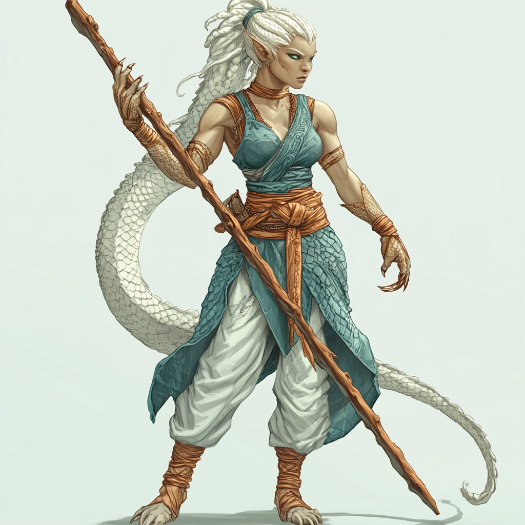 Dragonborn Monk with white scales, copper hair, wooden staff.