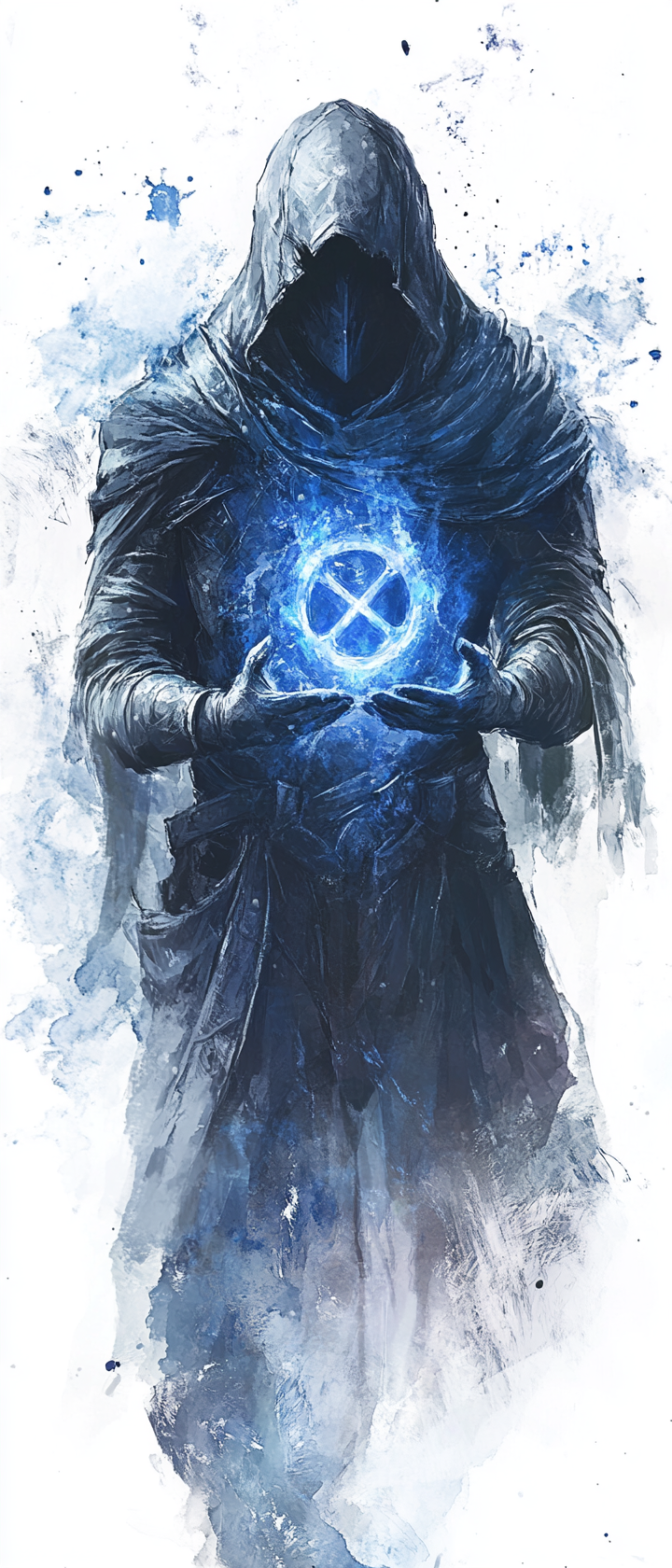 Dragonborn cleric holding blue holy symbol in ethereal realm.