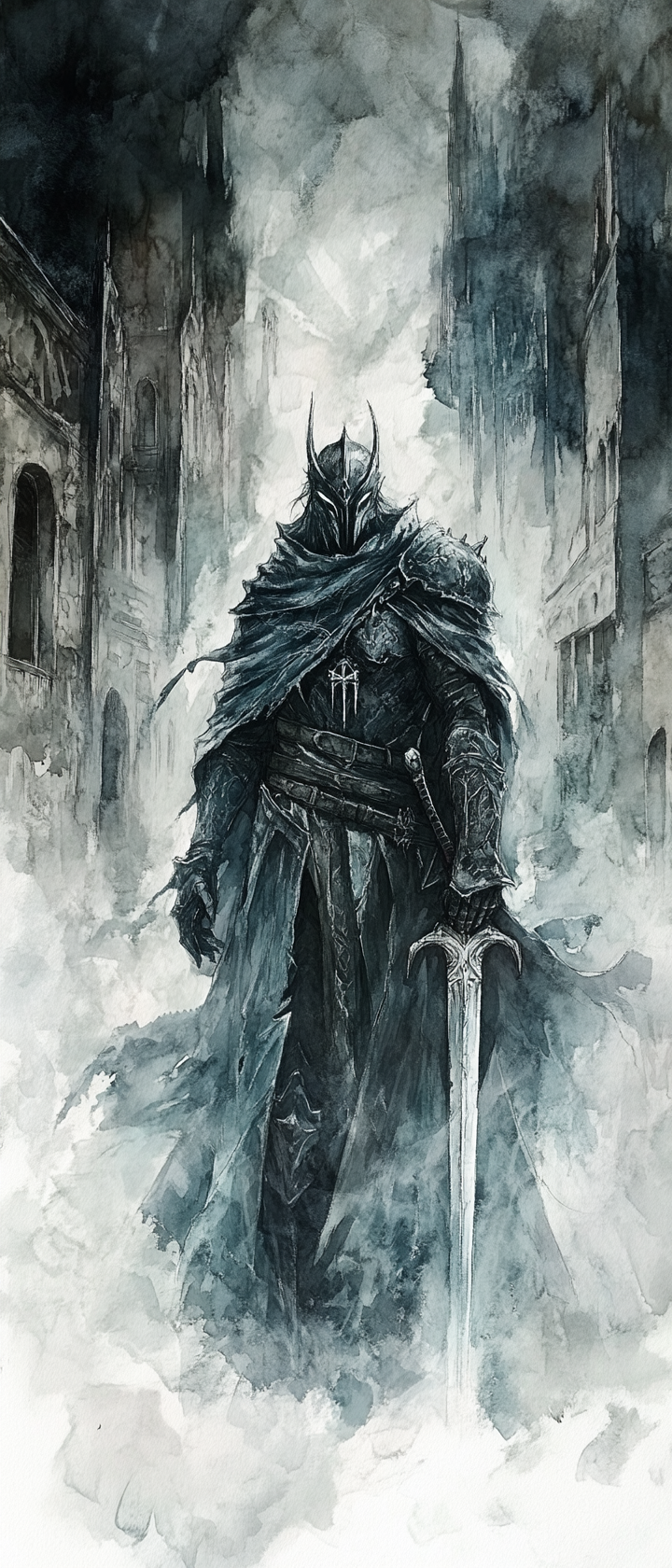 Dragonborn cleric holding holy symbol, ethereal medieval city background.