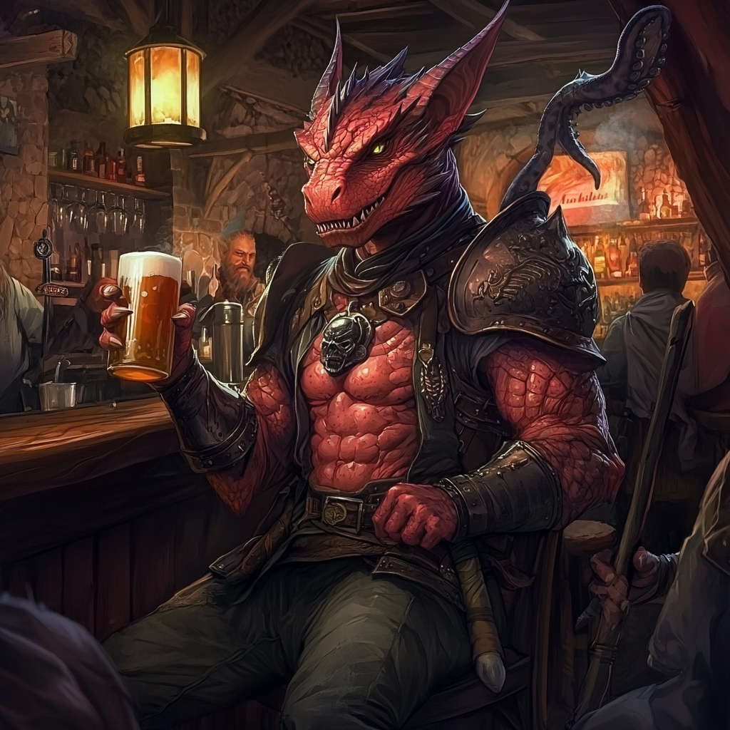 Dragonborn male at busy bar, casting spell, tattoos.