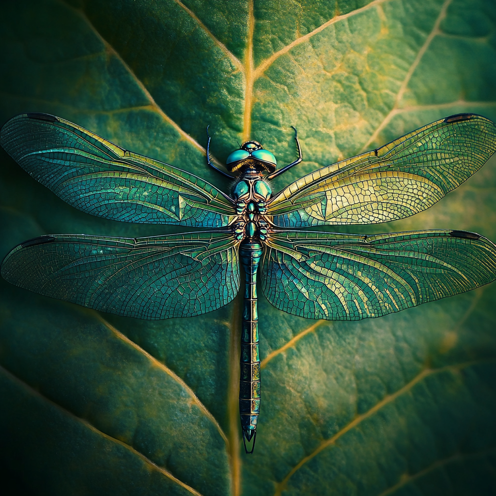 Dragonfly on Leaf: Realistic Macro Photography Image