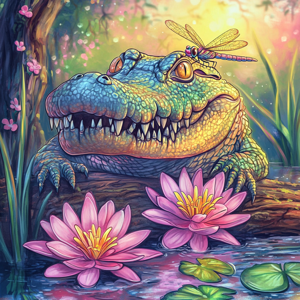 Dragonfly rests on smiling crocodile in pond