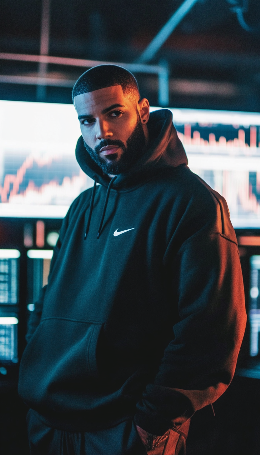 Drake in Nike hoodie with urban style, forex charts.