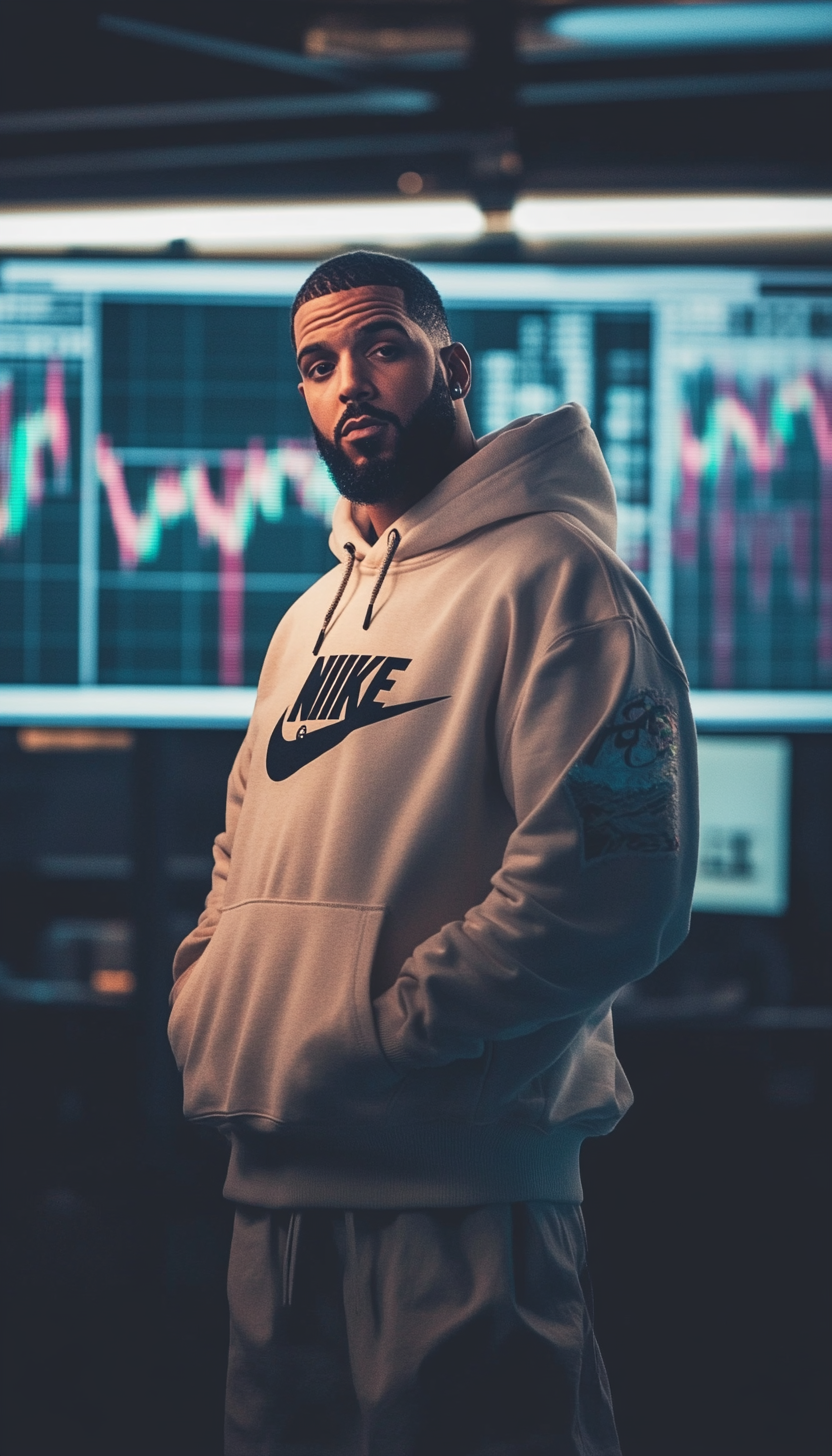 Drake in Nike hoodie with urban style posing proudly.