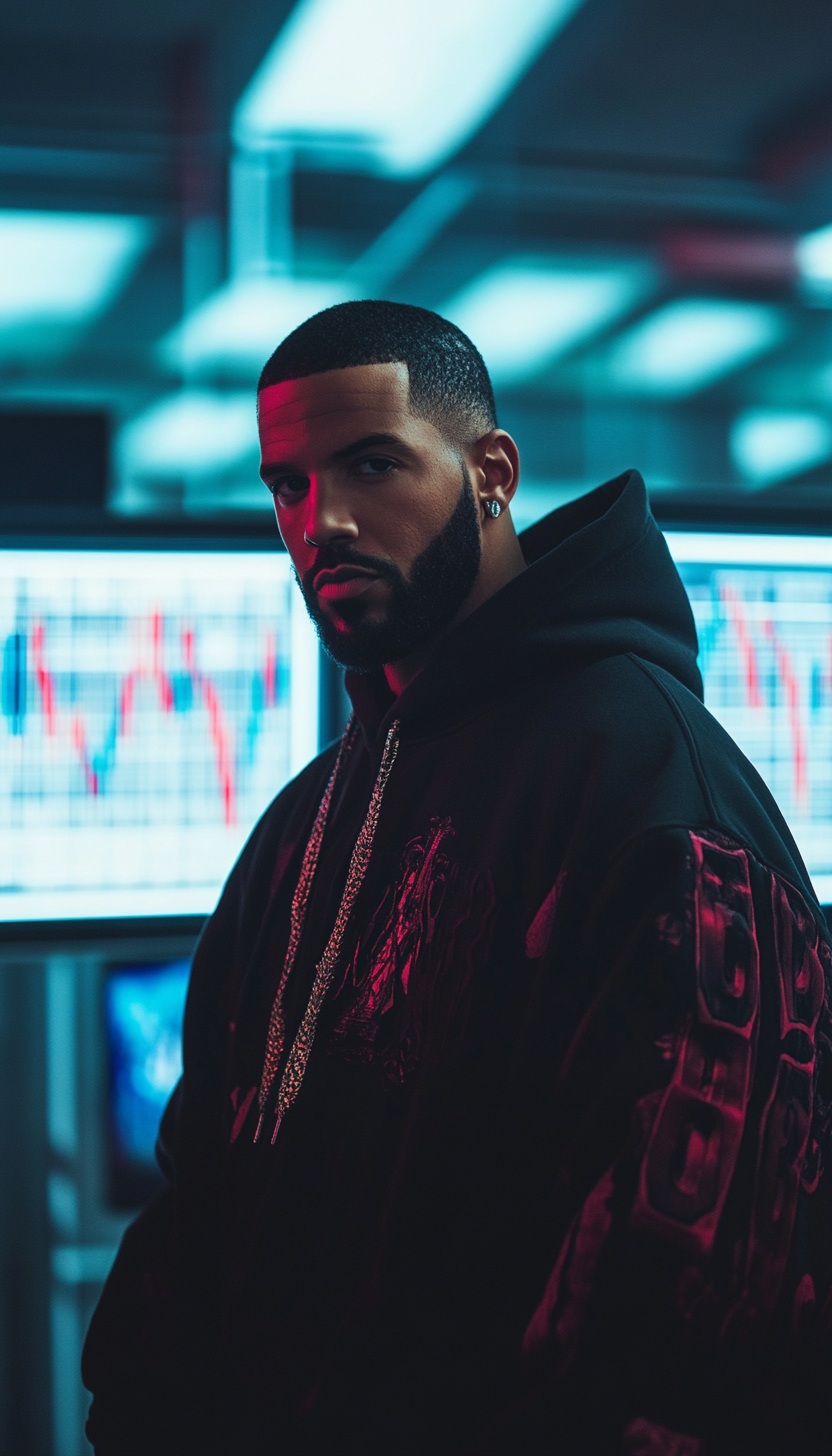 Drake posing in brightly lit room, urban style vibes.