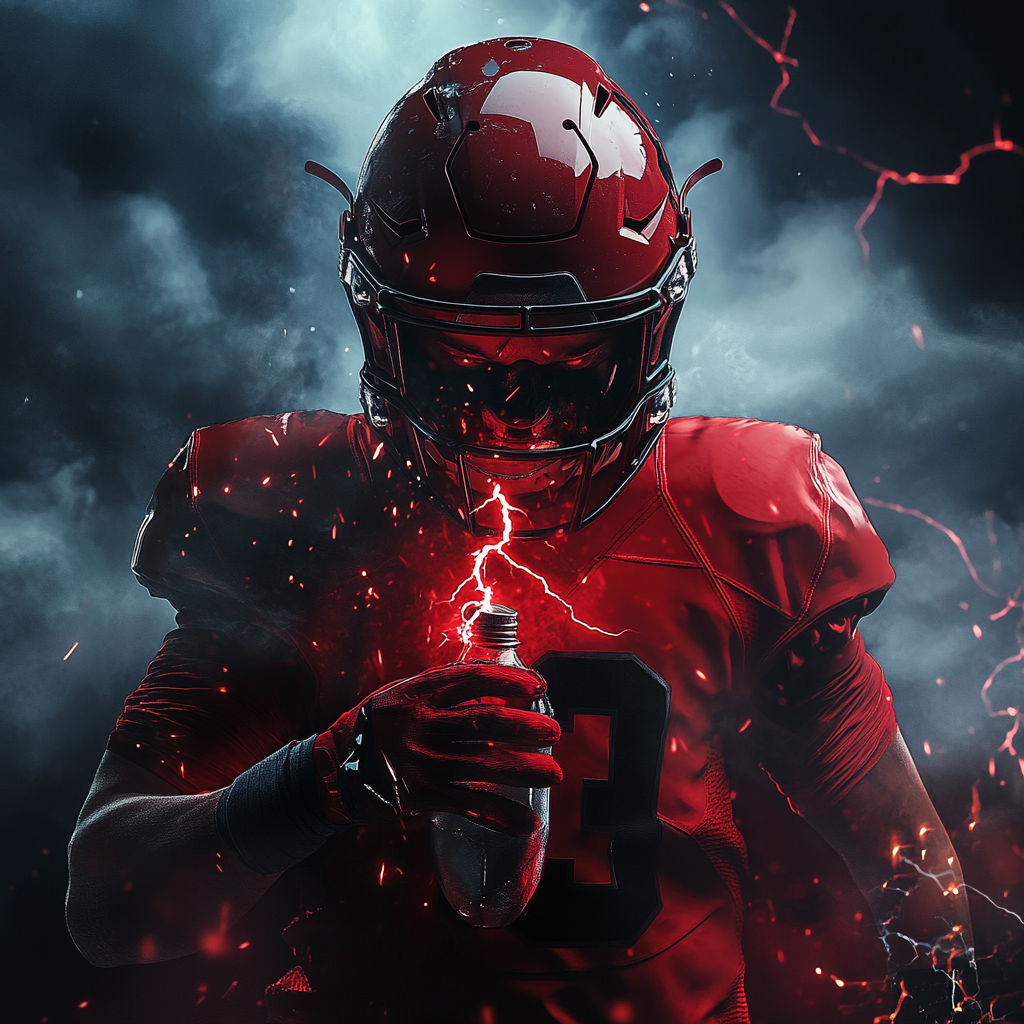 Dramatic American Football player with lightning bottle