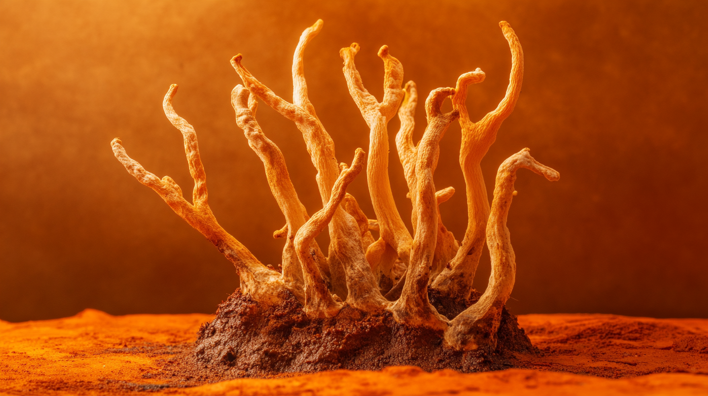 Cordyceps in Sharp Lighting on Orange Backdrop