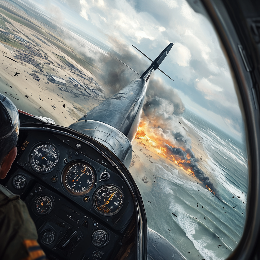 Dramatic WWII scene with BF109 diving, firing guns.