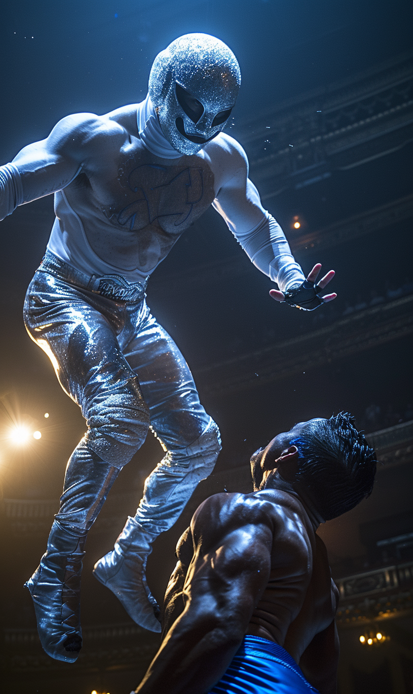 Dramatic Wrestlers in High-Energy Lucha Libre Match