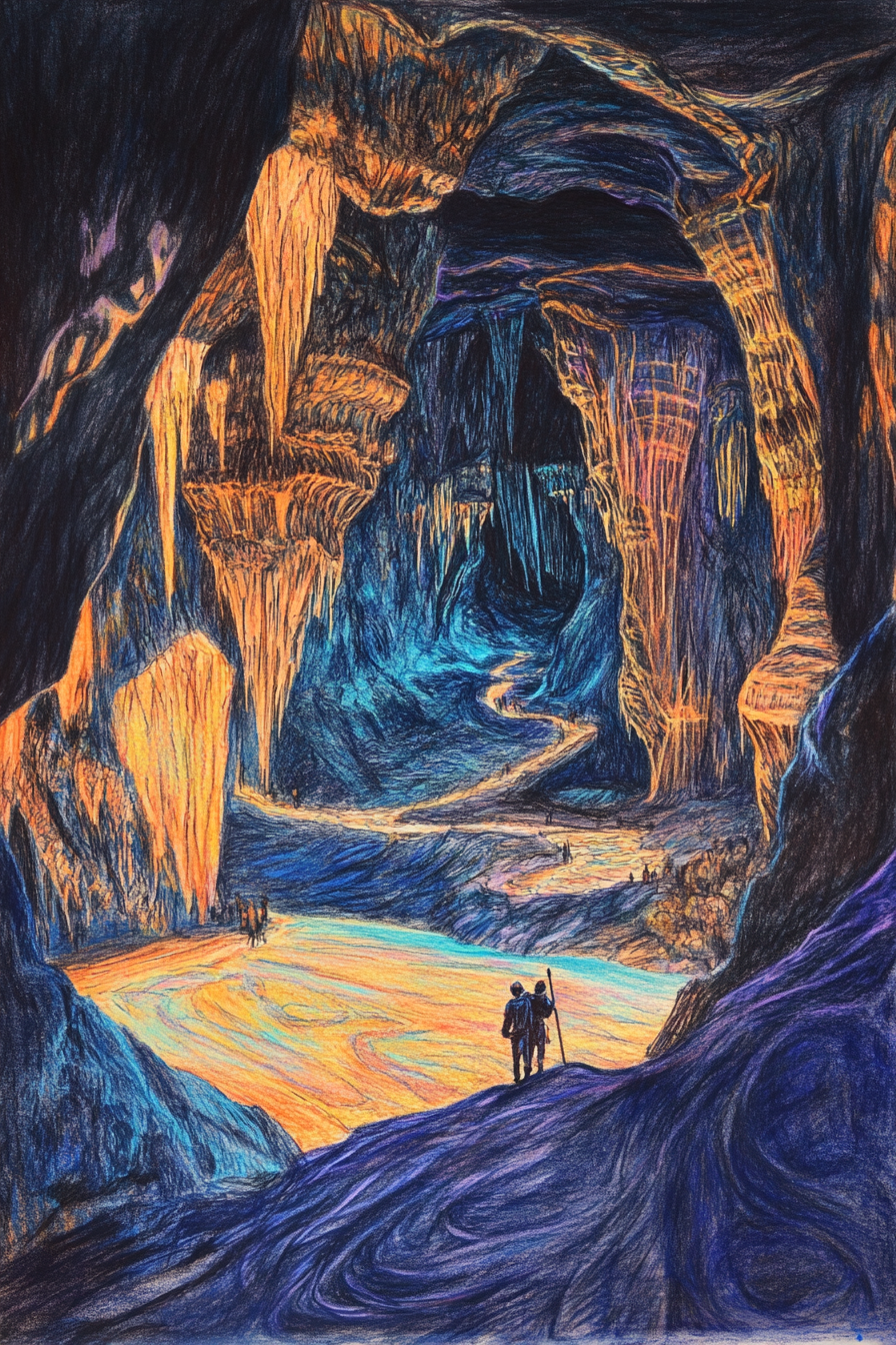 Dramatic colored sketch of explorers navigating underground landscapes.