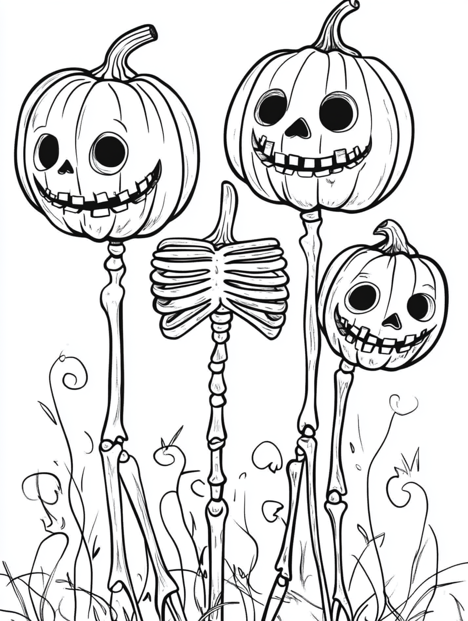 Dramatic coloring book page for teens with pumpkin heads.