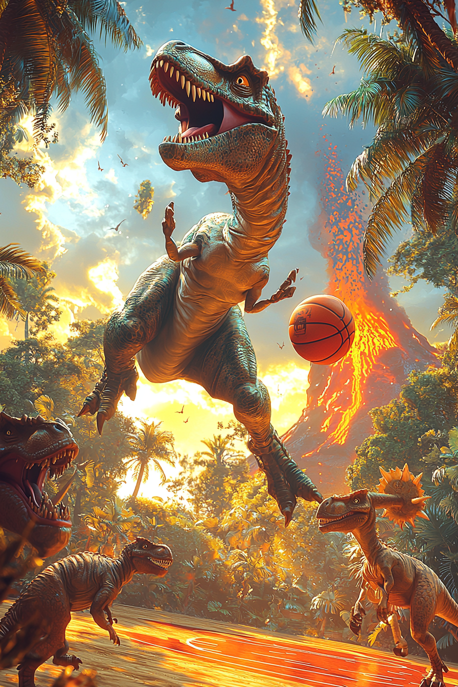 Dramatic dinosaurs playing basketball in prehistoric jungle scene.