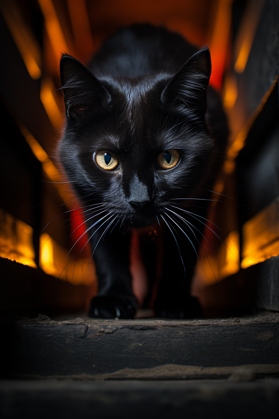 Dramatic horror scene with surrealistic black cat.