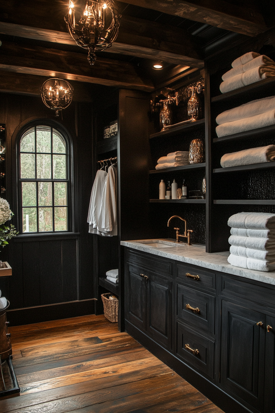 Dramatic lighting highlights Western Gothic laundry room textures.