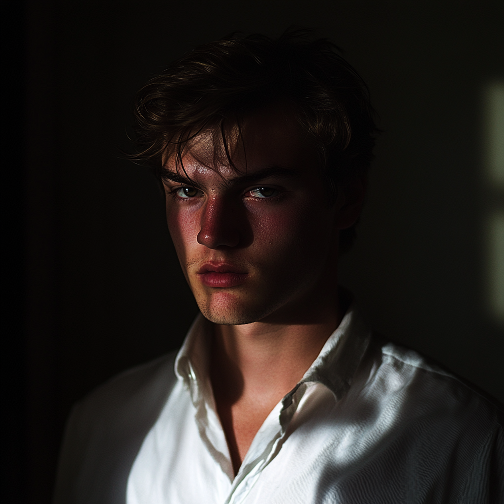 Dramatic low-light portrait of young man in white shirt.