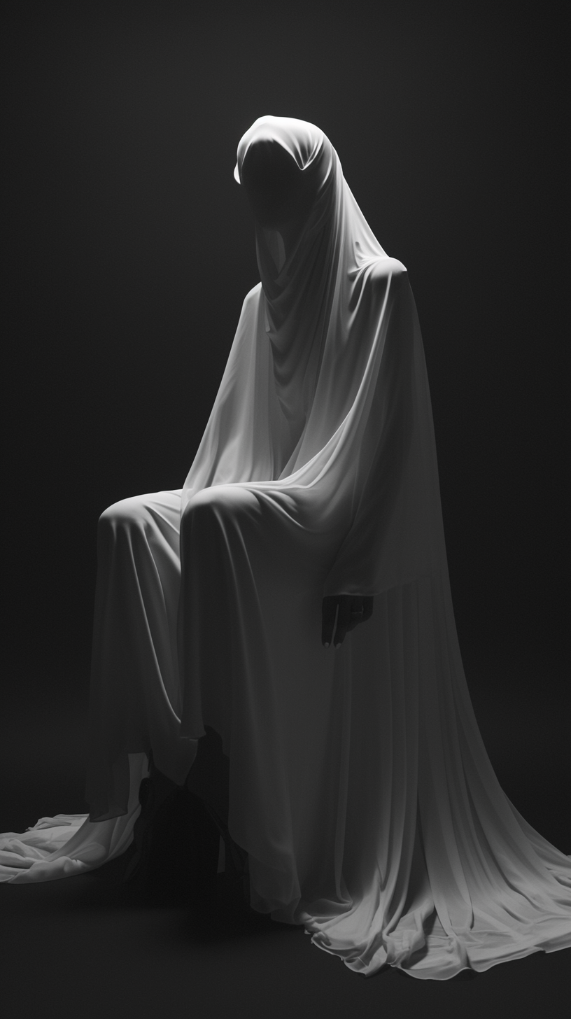 Dramatic portrait of androgynous woman in minimalist wedding dress.