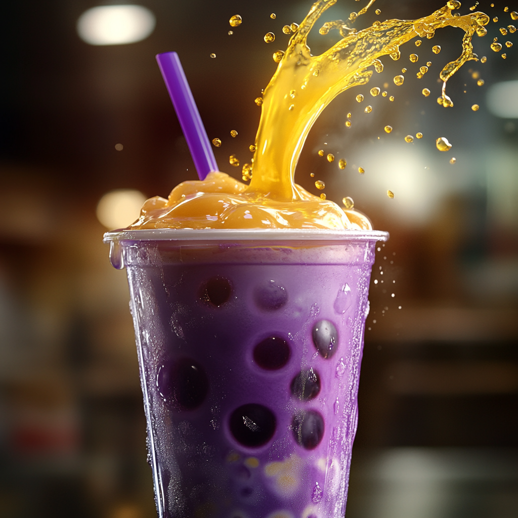 Dramatic purple bubble tea being poured into cup.