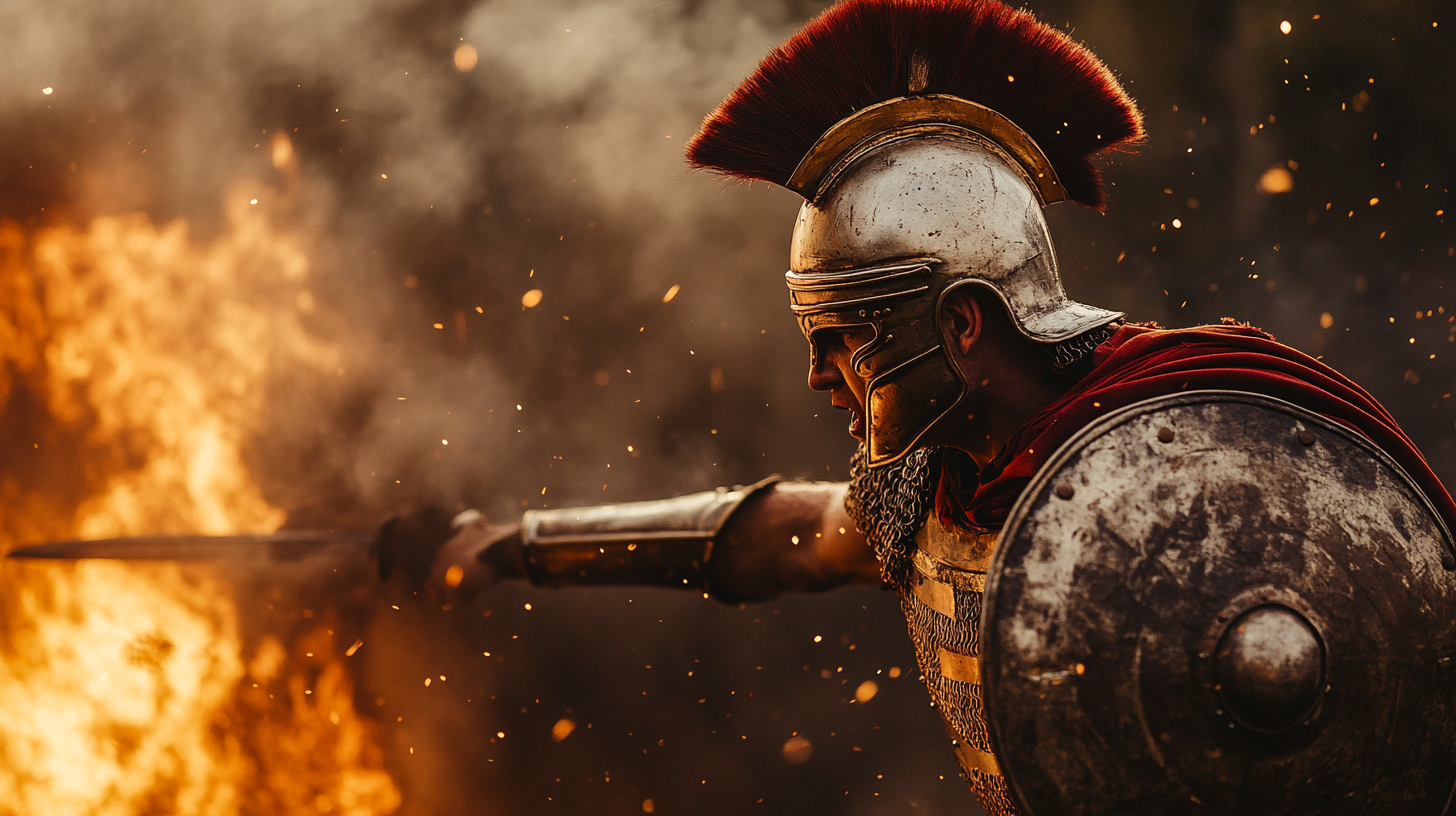 Dramatic scene of roman soldier with armor and shield