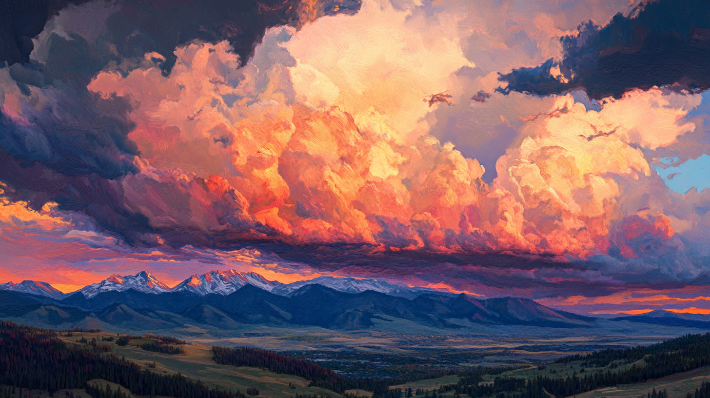 Dramatic sunset with dynamic clouds over Rockies. Cinematic lighting.