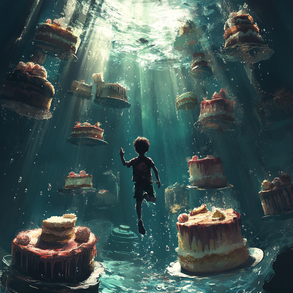 Dramatic underwater concept art with drowned boy and cakes 