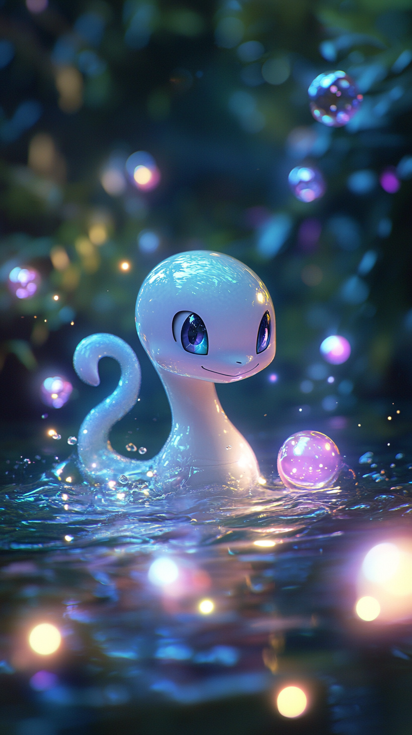 Dratini emerges from magical shimmering water surrounded by orbs.