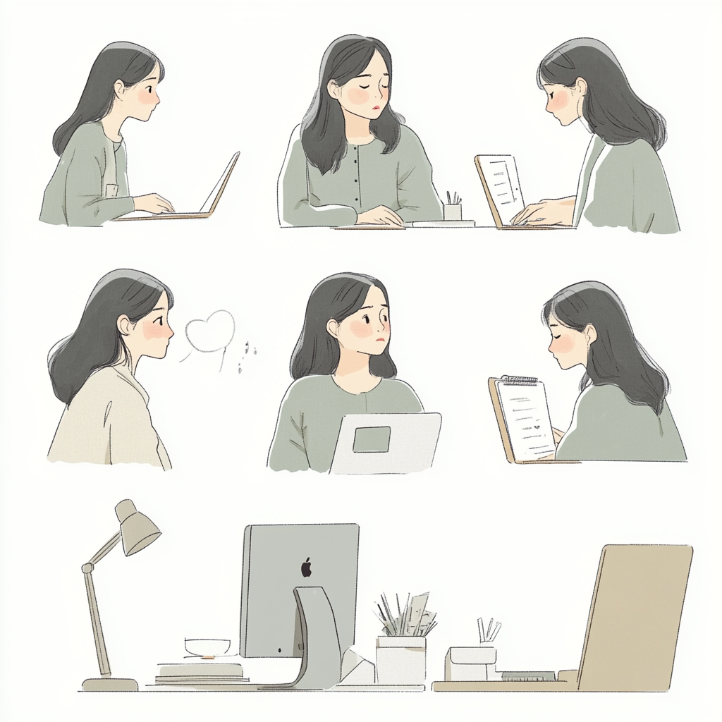 Draw calm, delicate illustrations of Japanese woman studying.