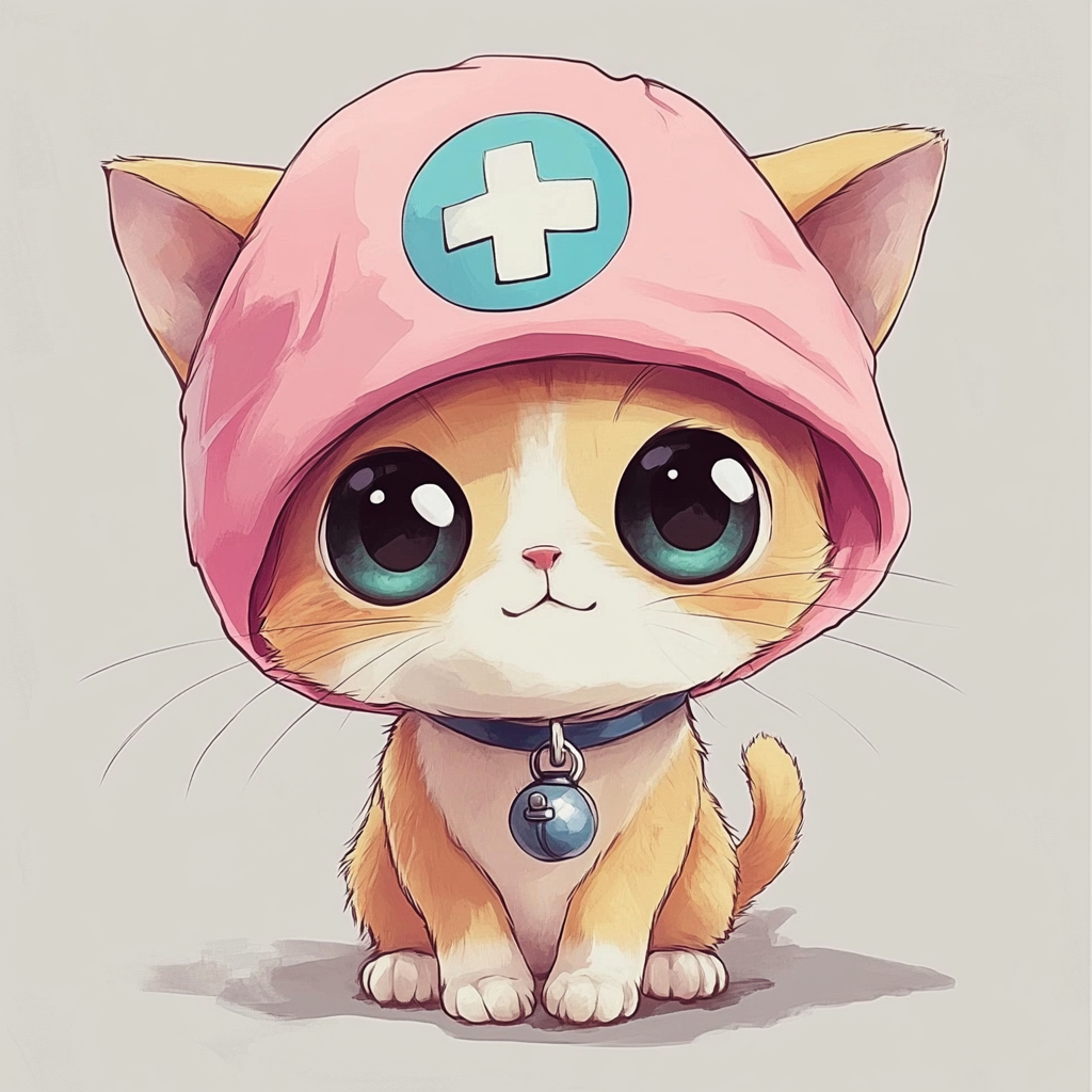 Drawing a cute cat with Chopper's hat. Bright background.