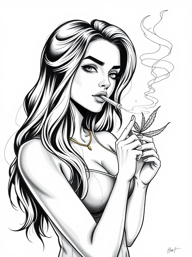 Drawing a girl smoking marijuana, looking attractive and hot.