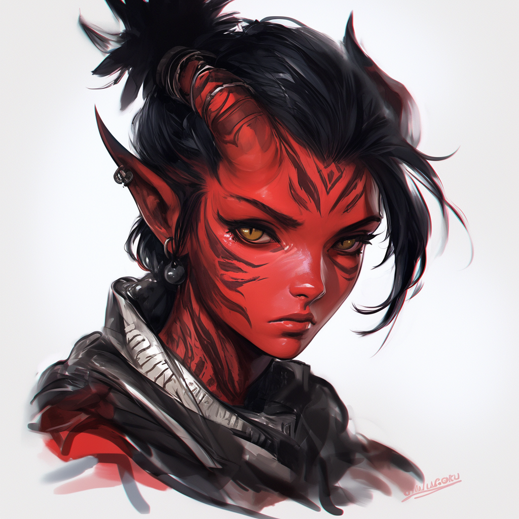 Drawing of Dn BUFFER female tiefling in leather armor.