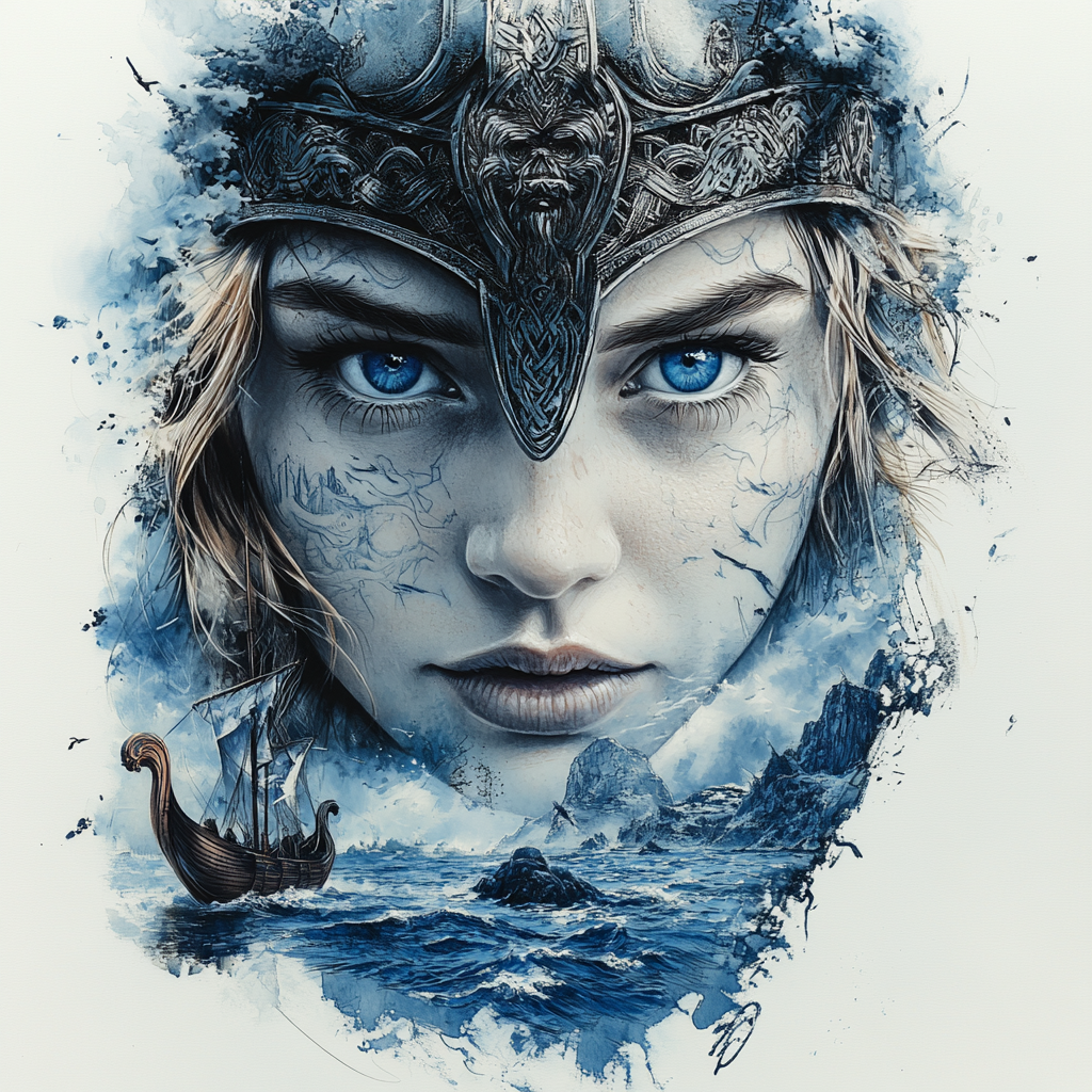 Drawing of Norse goddess Freya with blue eyes, helmet.