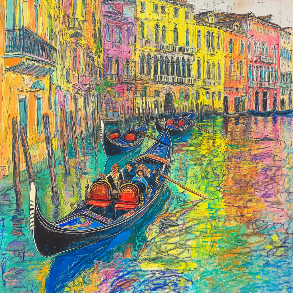 Drawing of Venice gondoliers reflection in waters. Line hatching, strong contour sketch. Neon oil paint.