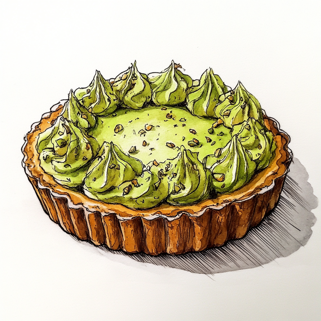 Drawing of a Pistachio tart with watercolors