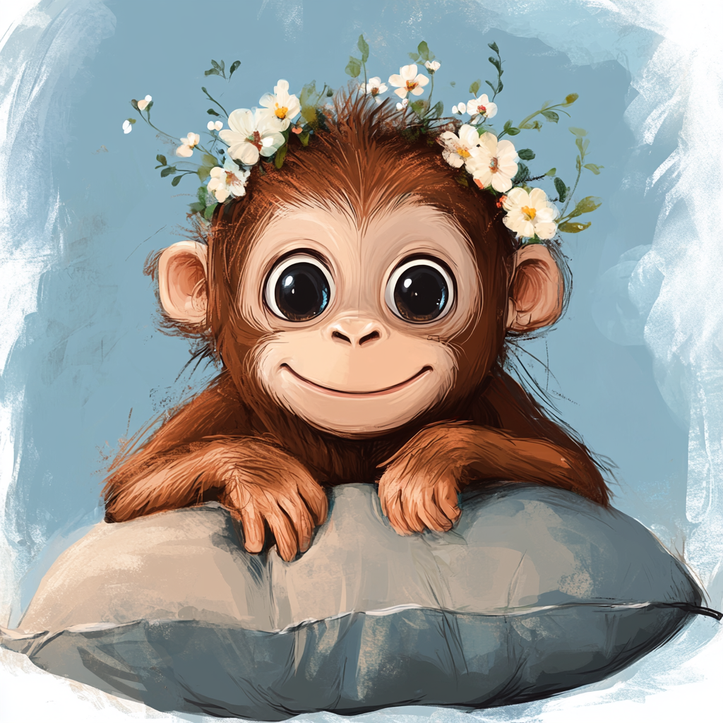 Drawing of adorable orangutan on blue pillow with flowers.