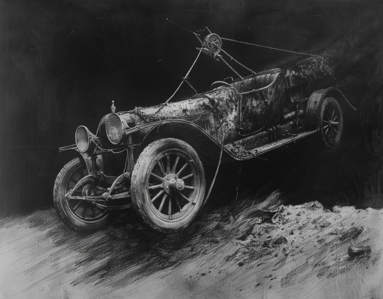 Drawing of car-like figure in dramatic pull-down pose.