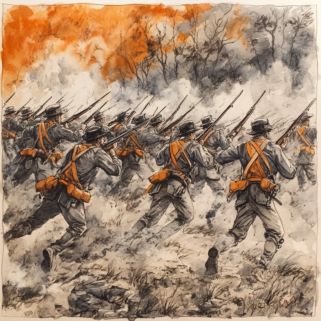 Drawing of confederate soldiers charging in smoky battlefield.