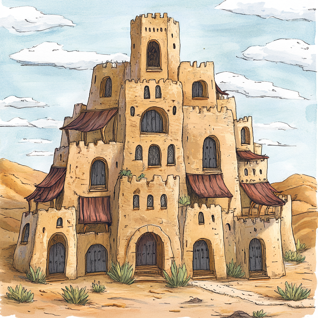 Drawing of desert sandstone building with tall tower and windows.